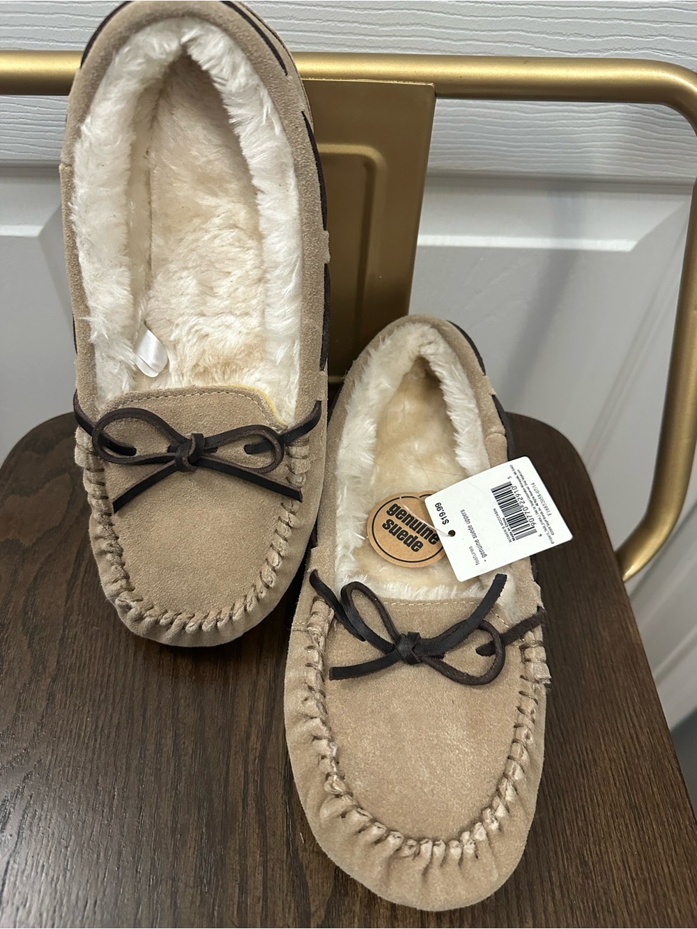 isotoner Tan Faux-Suede Moccasin Slippers with Cream Lining